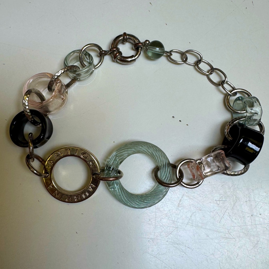 Antica Murrina Silvertone And Hand Blown Pink Green And Black Glass Bracelet